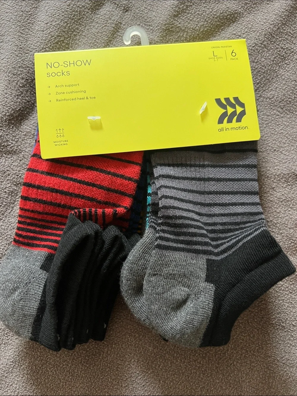 NWT all in motion Boys No-Show Socks - Black and Multi Stripes (6-Pack) Sz Large